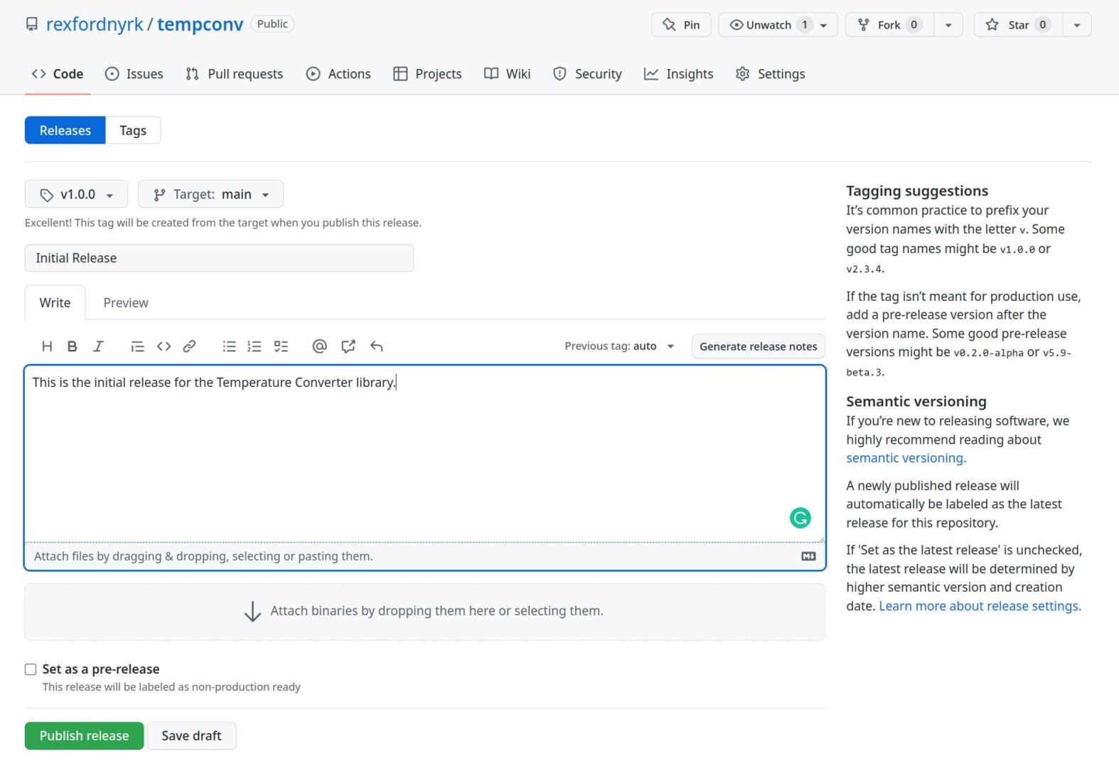 Screenshot showing details entered on GitHub's Releases page.