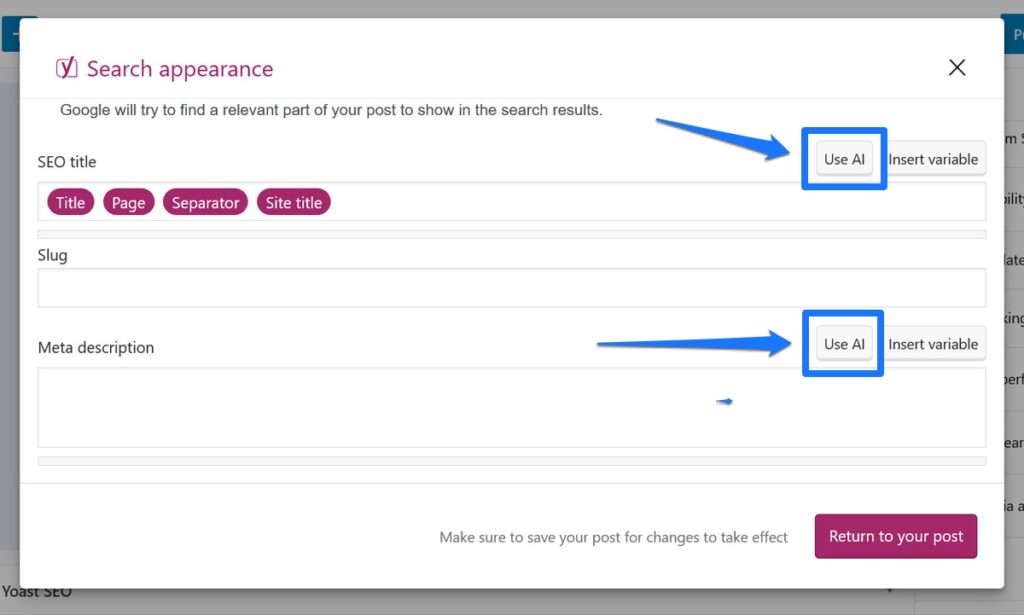 create seo title and descriptions in yoast seo using ai