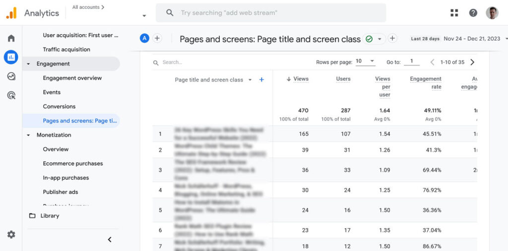 google analytics pages and screens report