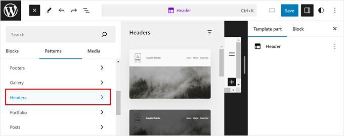 Finding WordPress header patterns in the Full Site Editor