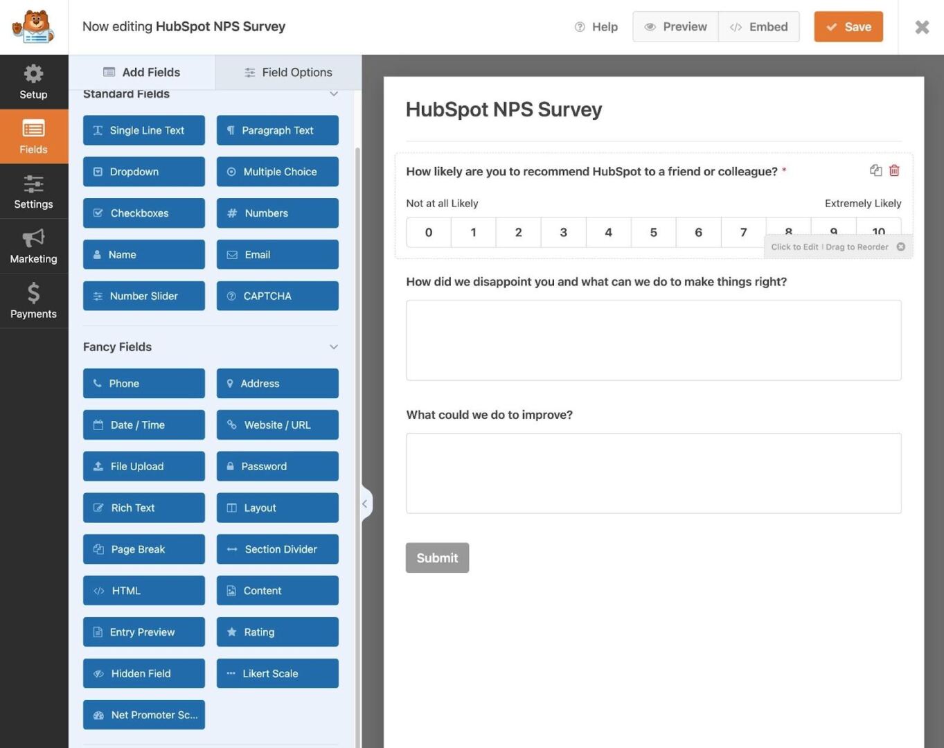 The WPForms survey builder