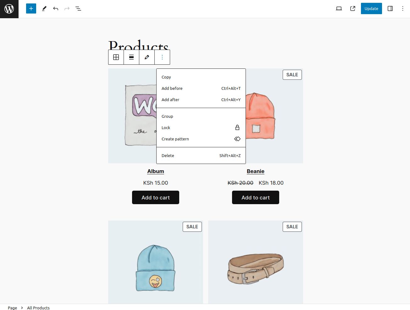 The Products page displays a menu with the options to Copy, Add before, Add after, Group, Lock, Create pattern, and Delete
