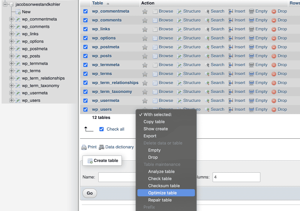 A context menu in phpMyAdmin for a selected list of WordPress database tables, with the 'Optimize table' option highlighted. Other options include copy table, show create, export, empty, drop, and table maintenance actions.