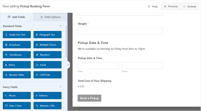 Creating a pickup booking form in WPForms