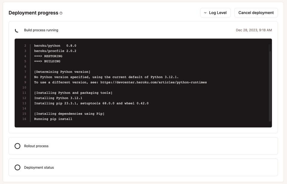 Screenshot of the log entries for a Python Flask app deployment.