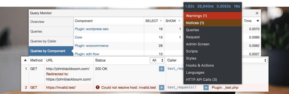 The WordPress.org header for the Query Monitor plugin. It shows queries by component with a focus on components like 'wordpress-seo' and 'woocommerce'. HTTP requests are listed with methods, URLs, and statuses, along with a panel for warnings and notices.