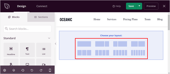 Choosing a layout for the section in a SeedProd theme template