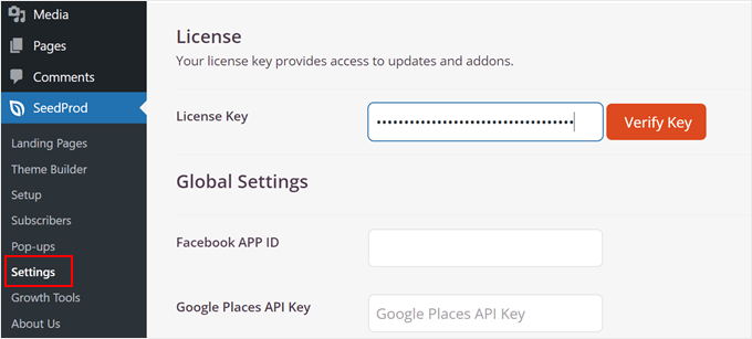 Verifying SeedProd Pro's license key