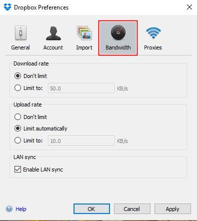Adjusting bandwidth settings in Dropbox