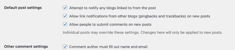 The WordPress dashboard’s 'Discussion Settings' screen showing checkboxes for default post settings such as notifying linked blogs, allowing link notifications from other blogs, and allowing people to submit comments on new posts.