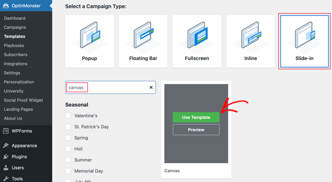 Select a Campaign Type and Template in OptinMonster