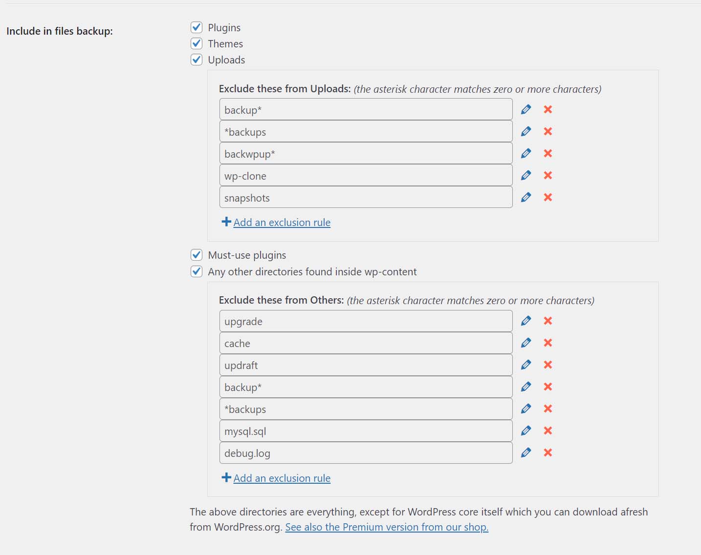 Screenshot showing the UpdraftPlus backup file settings.