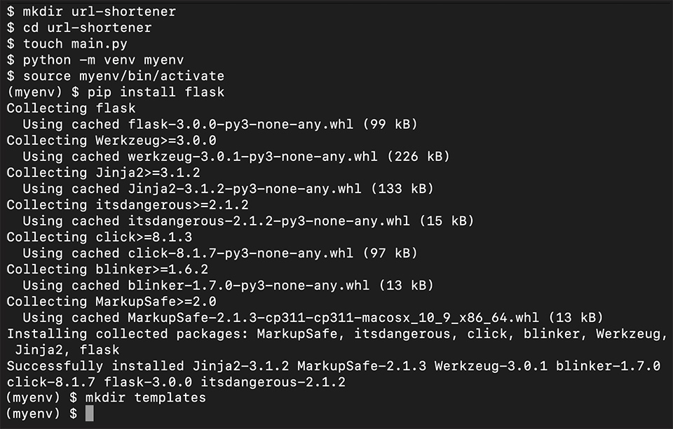 Commands entered in the terminal to create the Python project environment.