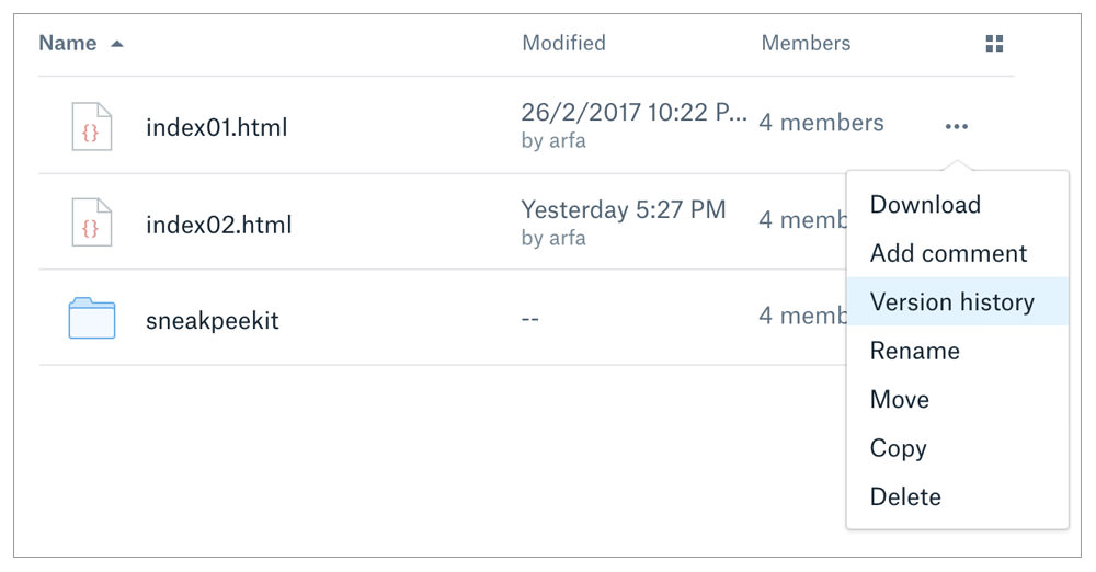 Accessing version history in Dropbox