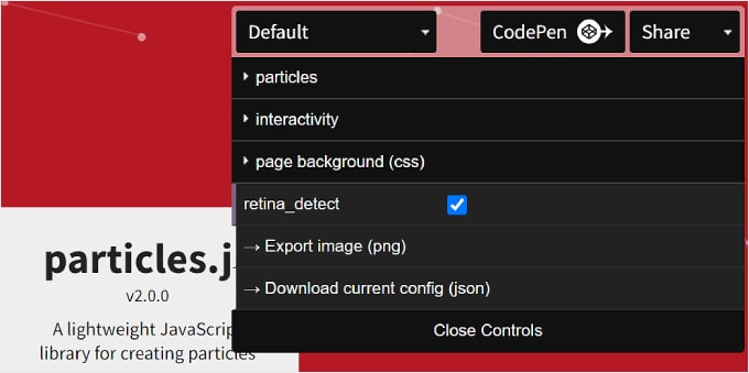 The particle page background settings in Vincent Garreau's website