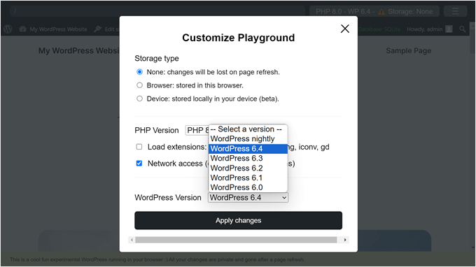 Choosing a WordPress software version in WordPress Playground