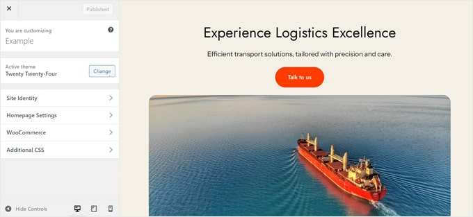 Using the WordPress Theme Customizer to edit a transportation and logistics website