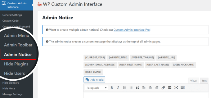 The WP Custom Admin plugin settings for admin notices