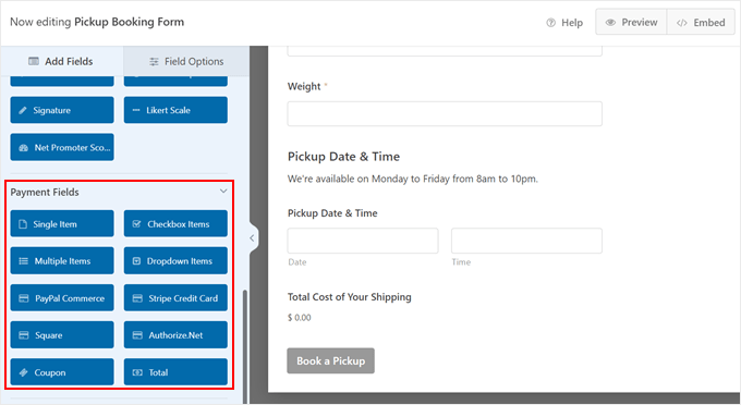 The payment fields in WPForms