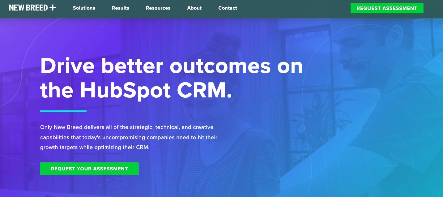 New Breed is an Elite HubSpot Partner with a primary headline “Drive better outcomes on the HubSpot CRM.