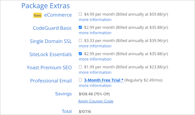 bluehost package extras