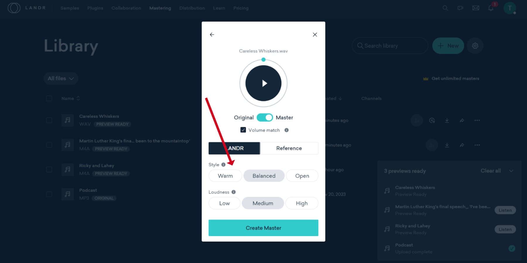 A screenshot of LANDR's AI powered mastering styles