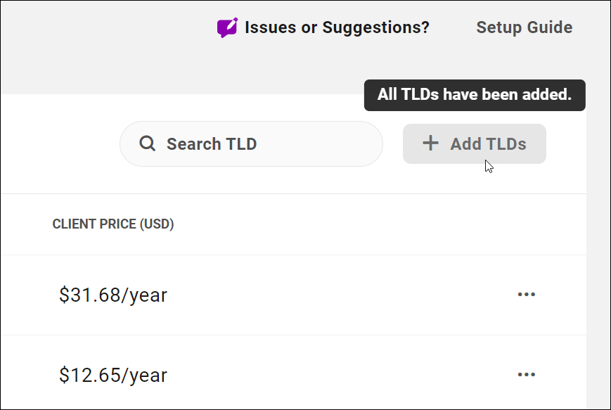 Greyed out Add TLDs button with tooltip.