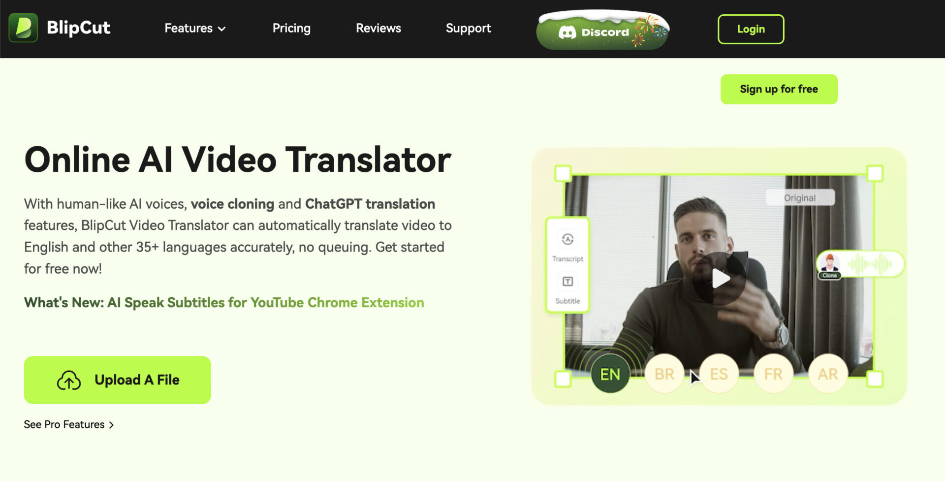 Screenshot of BlipCut Online AI Video Translator interface