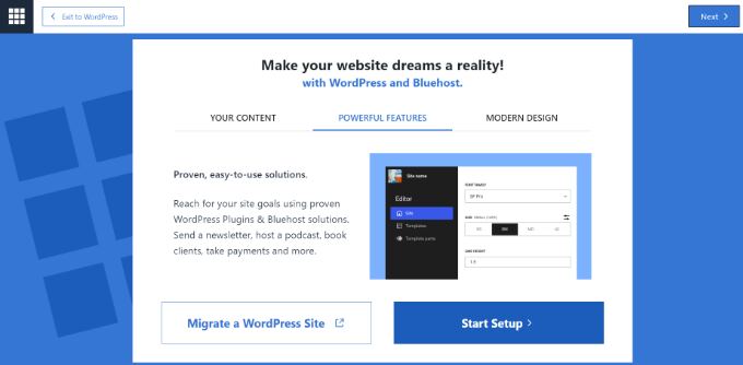 Bluehost website setup wizard