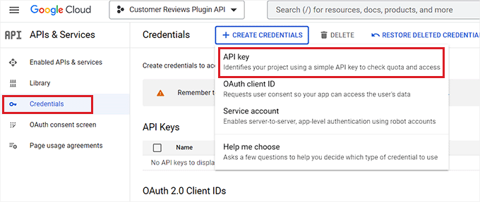 Choose API key option from the dropdown menu