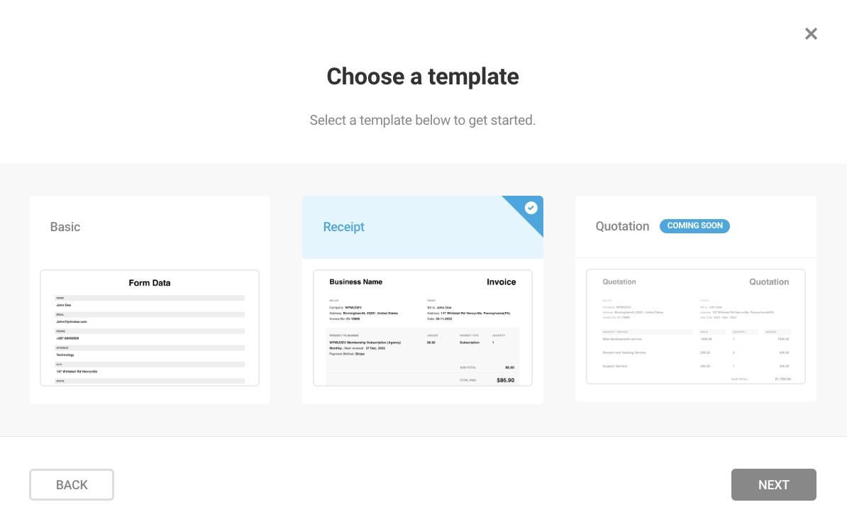 A screen showing the option of choosing a defined PDF template.