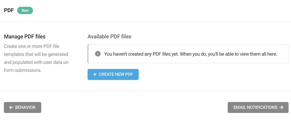 A screen showing the option to create a new PDF.