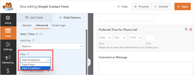 Choosing the Date Dropdown type in WPForms