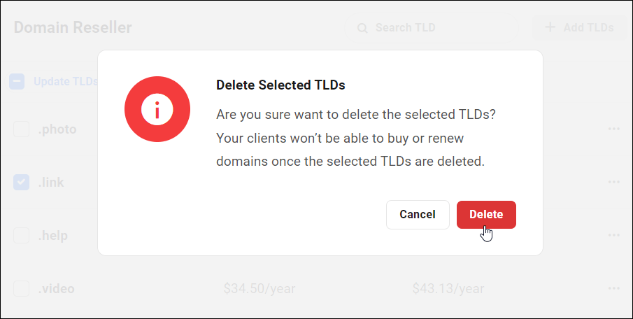 Delete Selected TLDs message