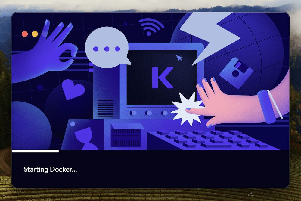 The DevKinsta application startup screen with a large 'K' logo, stylized hand gestures, and chat icons. The text reads 'Starting Docker...' indicating the initialization of the local development environment.