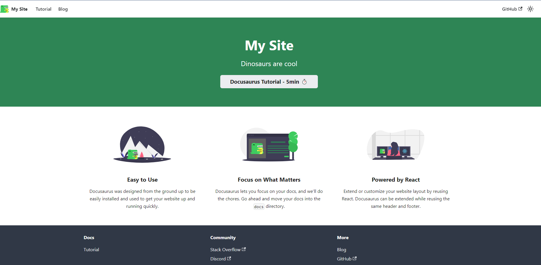 Screenshot of the Docusaurus static site, named My Site