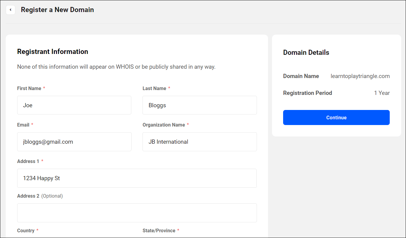 Domain registrant details.