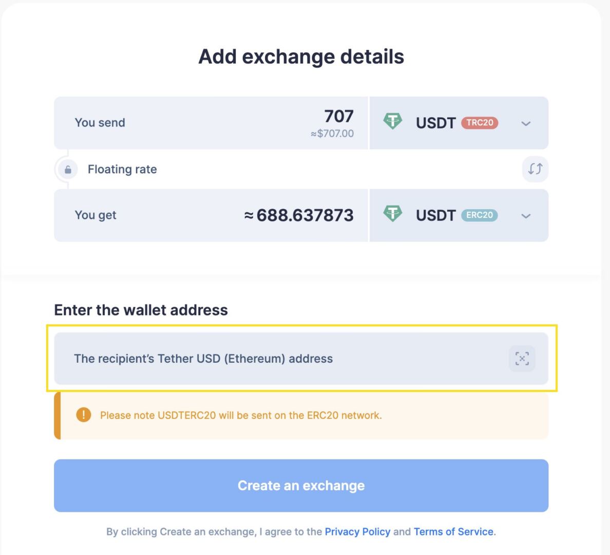 Entering ERC20 Wallet Address