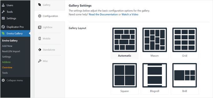 Configuring the Envira Gallery's layout