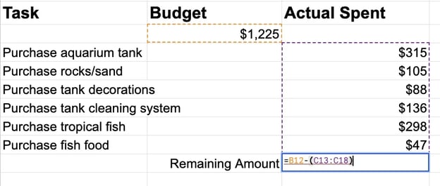 subtract in excel, example