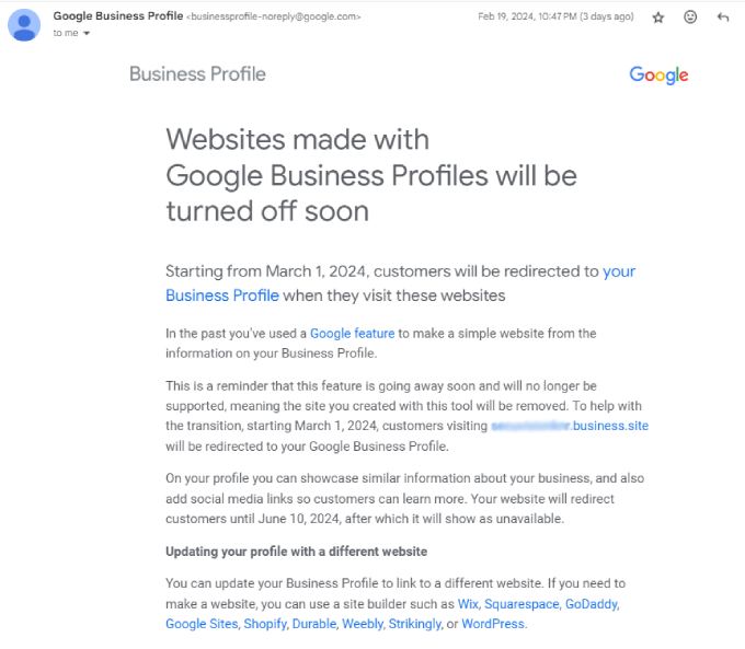 google business profile site email