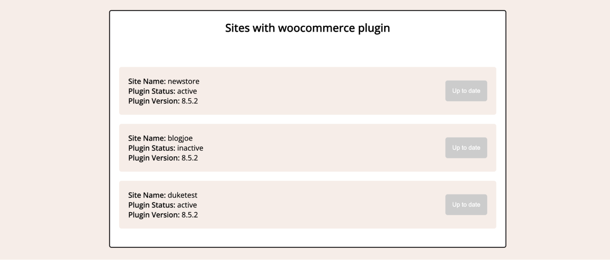 A list of sites that uses a particular plugin from Kinsta company account with buttons to update them individually or at once