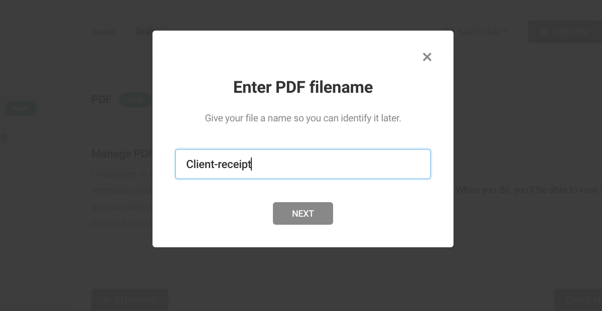 A screen showing where you give your PDF a name.