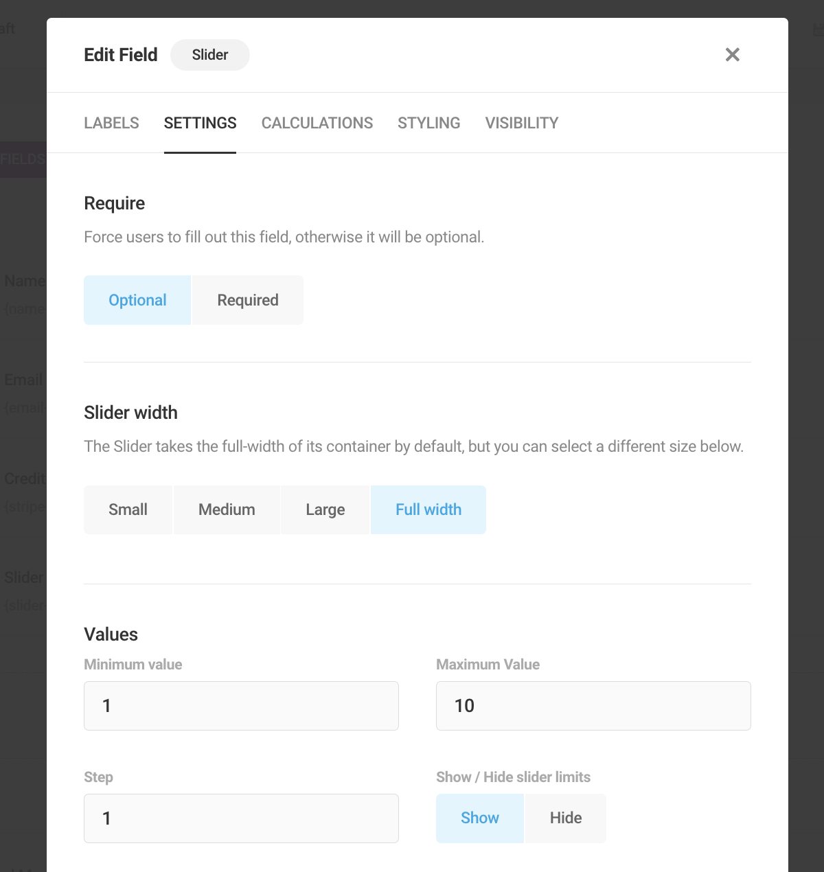 A screen showing Forminator's range slider settings