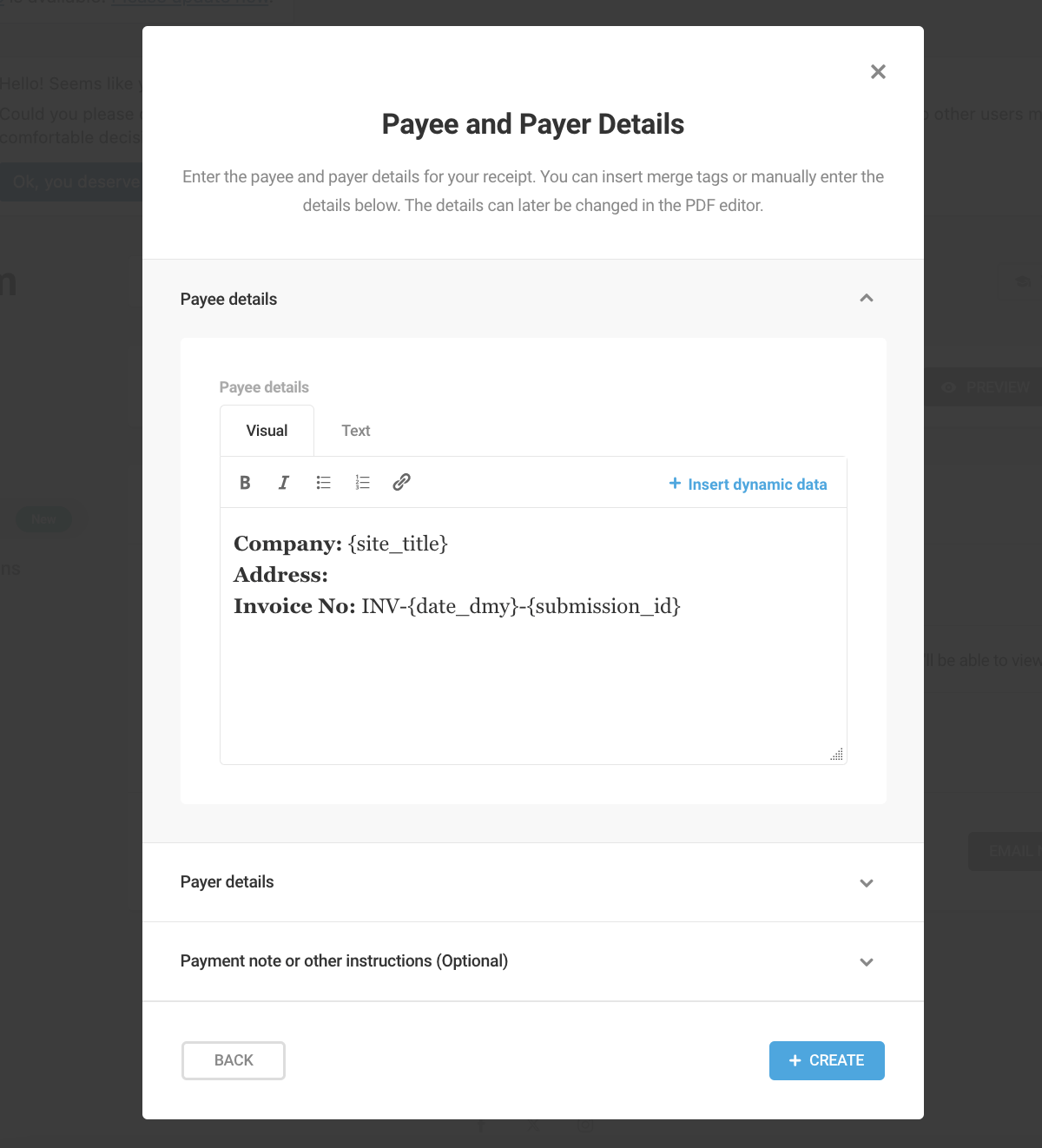 A screen showing how users can easily edit the payee and payer details of their PDF receipts.