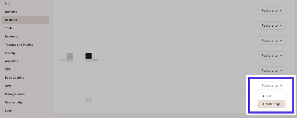 A section of Kinsta's dashboard interface with a 'Restore to' drop-down menu open, showing options to restore backups to either the live site or a staging environment named 'MarkStage'.