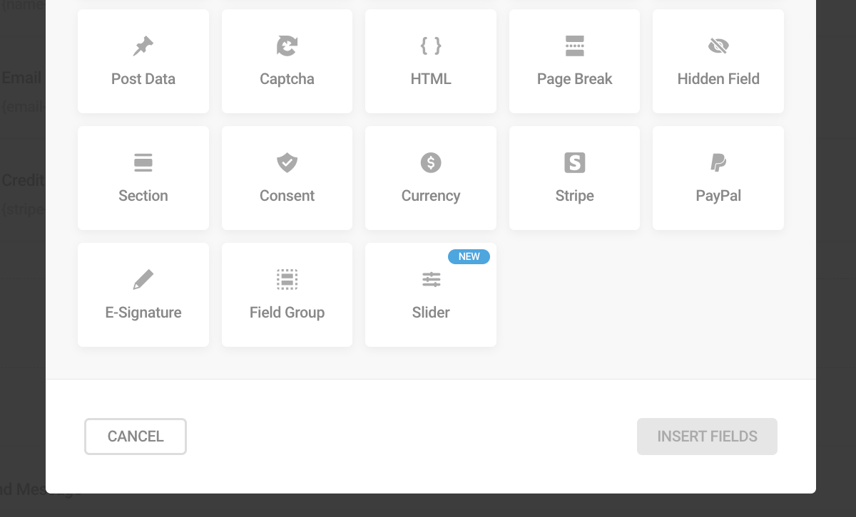 A screen showing how you now have the option to add a slider field to your forms.