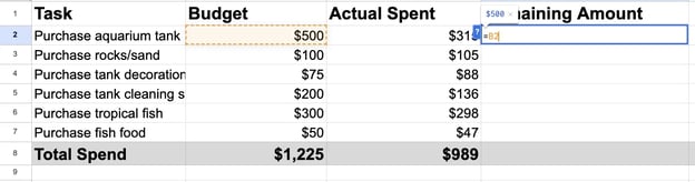 subtract in excel, step 2