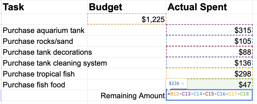 subtract in excel, example