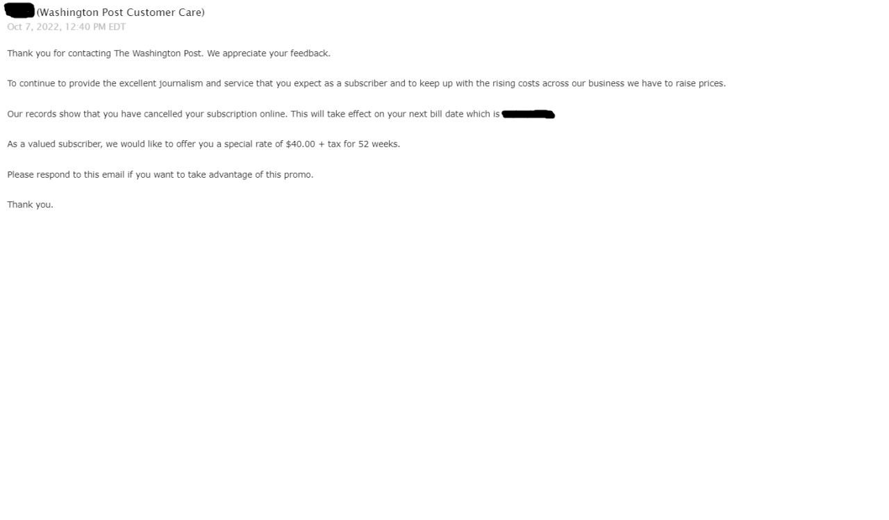 Washington Post cancellation email